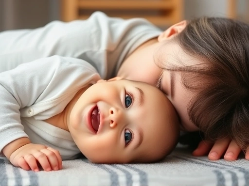 부모가 아기를 바닥에 엎드려 놓고 아기 눈높이에서 상호작용하며 아기가 목을 들도록 격려하는 클로즈업 사진으로, 아기는 밝게 웃으며 목 근육을 사용하고 있어, 엎드려 놀이의 중요성과 효과를 강조합니다.