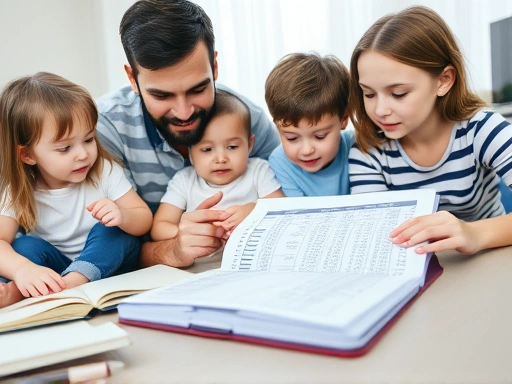 어린 자녀를 둔 부모가 예산표와 노트북을 앞에 두고 진지하게 재정 계획을 세우는 모습
