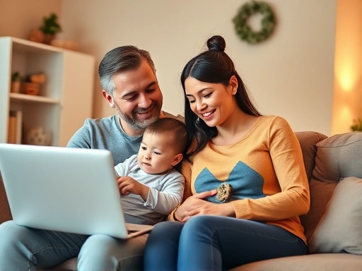 따뜻한 색감으로, 부부가 거실에서 노트북을 앞에 두고 앉아 부드럽게 웃으며 대화하는 모습