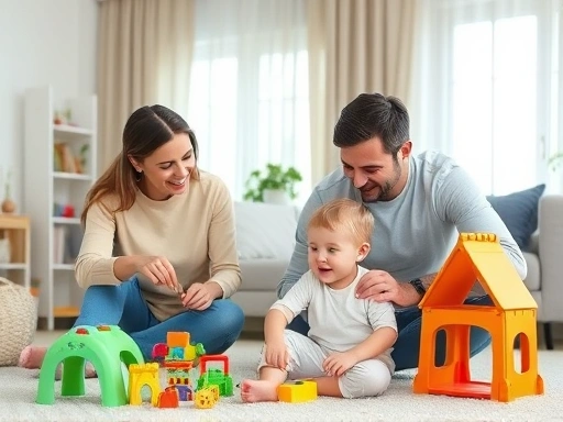 아이가 즐겁게 놀고 있는 거실에서, 엄마와 아빠가 함께 아이를 돌보는 모습