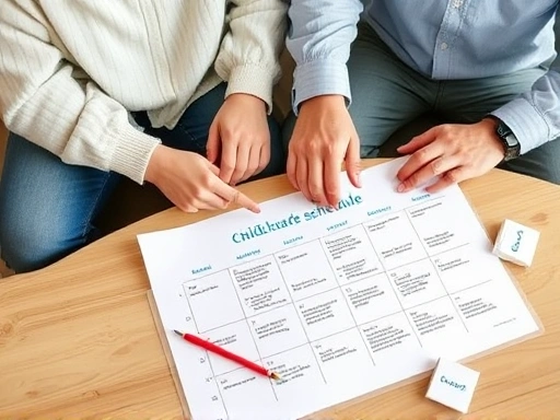 두 손을 맞잡고 앉아있는 부부가 탁자 위에 펼쳐진 주간 육아 스케줄표를 보며 대화하는 모습
