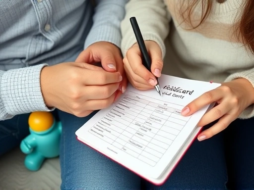 근접 촬영으로, 한 부부가 작은 수첩에 육아 분담표를 함께 작성하는 모습