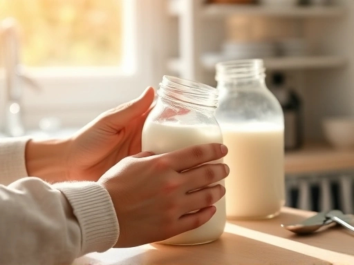 분유를 안전하게 조유하는 부모의 손이 클로즈업된 장면