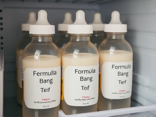 냉장고 선반에 나란히 보관된, 날짜가 적힌 여러 개의 조유된 젖병이 클로즈업된 이미지