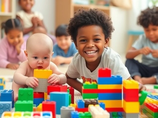 다양한 연령대의 아이들이 각자 연령에 맞는 블럭 장난감을 가지고 즐겁게 놀고 있는 장면