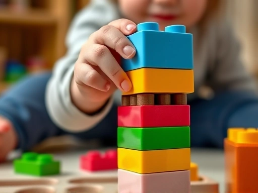 어린 아이의 손이 크고 부드러운 듀플로 블럭을 잡고 쌓아 올리는 클로즈업 장면