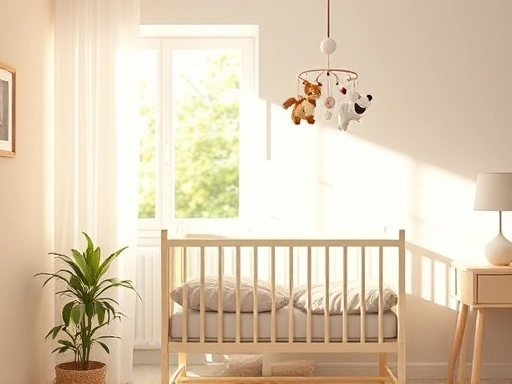 아늑한 아기 침대가 보이는 밝고 따뜻한 신생아 방의 전경.