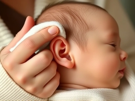 아기 귀를 부드러운 수건으로 조심스럽게 닦아주는 엄마의 손 클로즈업, 따뜻하고 안정적인 분위기