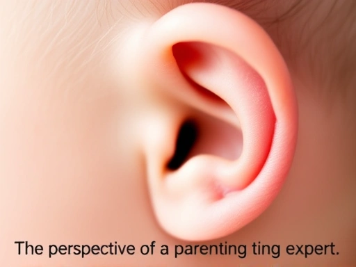 신생아의 작은 귀를 확대해서 보여주는 사진, 부드러운 귀지가 살짝 보이는 모습