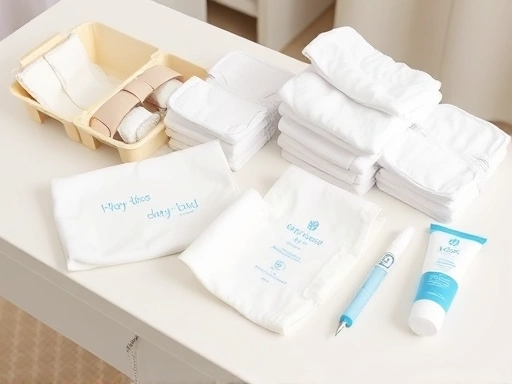 아기를 위한 신생아 기저귀 갈이 준비물이 깔끔하게 정리된 테이블 위에 놓여있고, 부드러운 천 기저귀, 아기 물티슈, 기저귀 발진 크림이 가지런히 놓인 모습