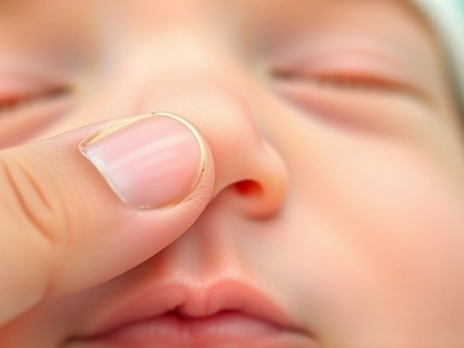 아기 코 옆 눈물길을 따라 부드럽게 마사지하는 부모의 엄지손가락 클로즈업, 신생아 눈물길 막힘을 완화하는 마사지 방법을 구체적으로 묘사하며 신생아 눈곱 관리법을 강조.