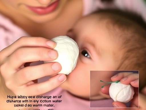 따뜻한 물에 적신 멸균 솜으로 아기의 눈곱을 부드럽게 닦아내는 엄마의 손, 신생아 눈 관리의 중요성과 안전한 방법을 보여주는 따뜻한 조명, 신생아 눈곱 제거 장면