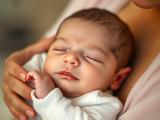 A close-up shot of a newborn baby gently being held by a parent, with a serene expression, symbolizing comfort and the common issue of newborn hiccups, featuring soft focus and warm lighting, emphasiz...