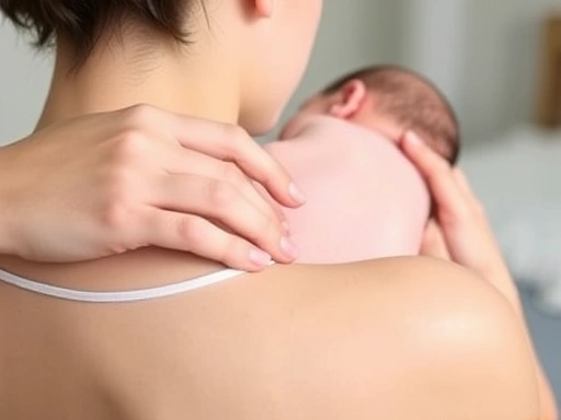 A parent gently burping a newborn baby over their shoulder, demonstrating one of the key methods for stopping hiccups, with attention to safe handling and a caring interaction, highlighting the parent...