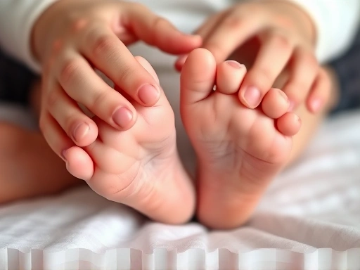 클로즈업 샷으로 아기 발을 부모의 따뜻한 손이 부드럽게 마사지하는 모습