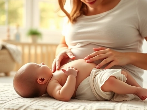 따뜻한 햇살이 드는 아기방에서 엄마가 신생아에게 부드러운 아기 마사지 오일을 바르며 배를 마사지하는 모습