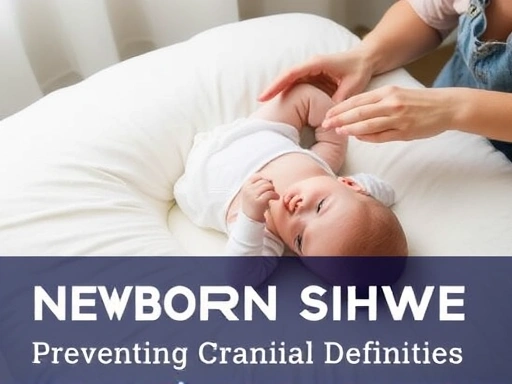 아기가 부드러운 침대 위에서 똑바로 누워 있고, 주변에 안전한 환경이 조성되어 있는 장면