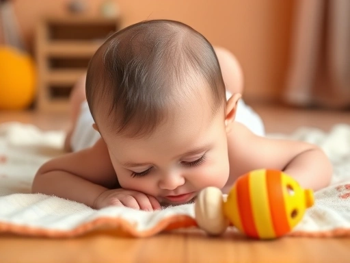 따뜻한 색감의 방에서 아기가 담요 위에 엎드려 팔꿈치로 상체를 지탱하며 고개를 들고 있는 클로즈업 장면