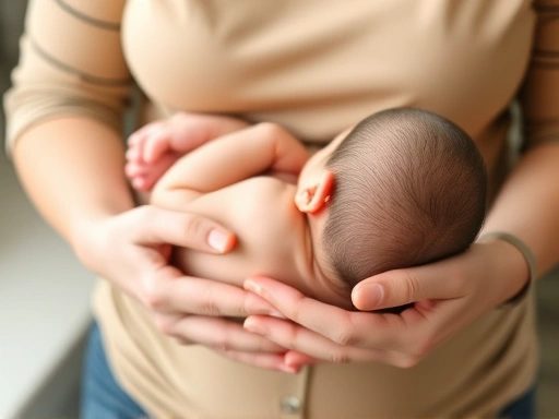 아기를 부드럽게 안고 있는 부모의 팔이 신생아의 머리와 목을 안전하게 받치고 있는 모습