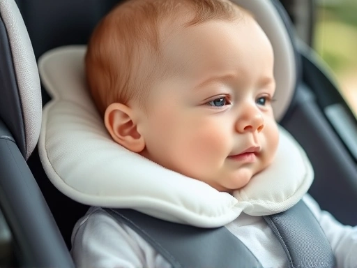 신생아용 패드를 사용하여 카시트 또는 유모차에 안정적으로 앉아 있는 아기의 클로즈업, 아기 목 받침의 중요성을 강조하는 모습