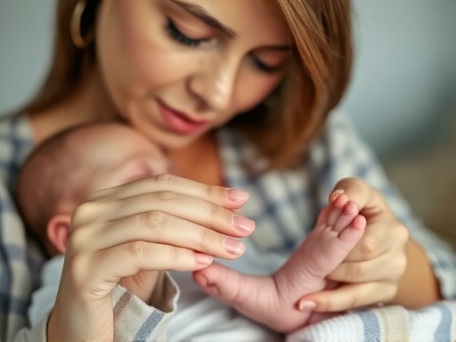 부드러운 조명 아래, 엄마가 아기 손을 잡고 신생아 전용 발톱 가위로 조심스럽게 발톱을 자르는 장면