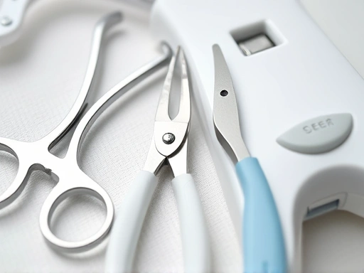 다양한 신생아 발톱 관리 도구(둥근 발톱 가위, 안전 발톱 깎이, 전동 네일 파일)가 정돈된 상태로 놓여 있는 클로즈업.