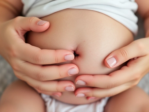 갓 태어난 신생아의 배꼽을 부드럽게 닦고 있는 부모의 손, 신생아 배꼽을 청결하게 관리하는 중요한 순간을 따뜻하게 묘사하는 이미지