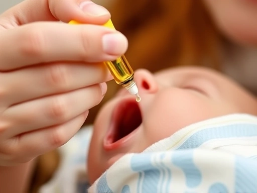 어머니의 손이 아기 입에 비타민D 드롭을 정확하게 투여하는 클로즈업 장면