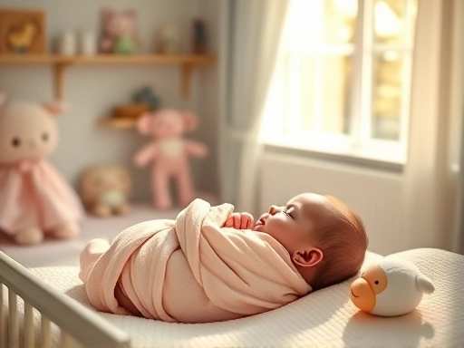 따뜻한 햇살이 비치는 아기 방에서, 평화롭게 속싸개를 한 신생아가 등에 기댄 채 잠들어 있는 모습