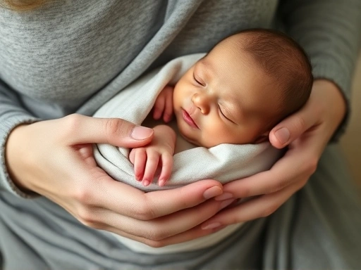 아기 엄마가 신생아에게 속싸개를 안전하게 감싸주는 과정을 클로즈업한 장면