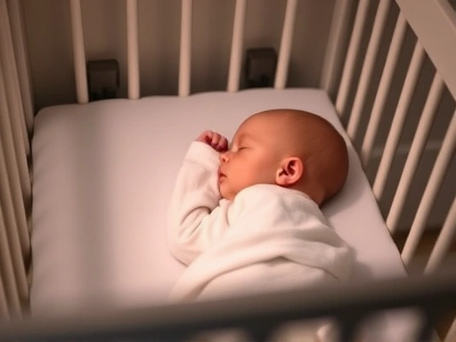 A peaceful scene of a newborn baby sleeping soundly in a safe, dimly lit crib, with soft ambient light, reflecting the goal of achieving a stable newborn sleep pattern.
