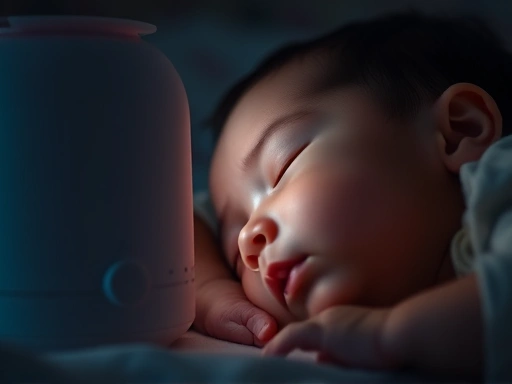 어두운 방에서 조용히 잠든 아기의 클로즈업된 얼굴, 옆에 있는 백색 소음 기계, 아기 수면 교육.