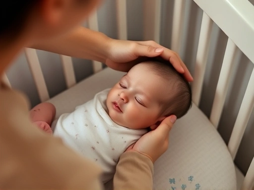 A close-up shot of a parent gently placing a drowsy but awake newborn into a crib, highlighting the detailed process of creating a safe and consistent sleep environment for infant sleep.