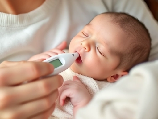 아기의 건강을 위한, 부모가 디지털 항문 체온계를 사용해 신생아의 체온을 부드럽게 측정하는 클로즈업 사진, 사랑스럽고 안전한 분위기