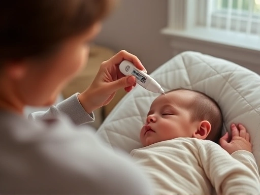 조용한 침실에서 아기가 잠들어 있을 때, 부모가 비접촉 이마 체온계로 신생아의 이마 체온을 신중하게 측정하는 모습