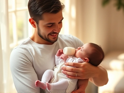 따뜻하고 아늑한 방에서 부모가 아기를 안고 부드럽게 젖병을 물리는 모습