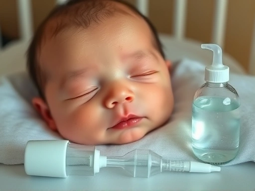 아기 침대에 누워있는 신생아의 얼굴을 클로즈업하여, 아기의 작은 콧구멍이 보이고 그 안에 코딱지가 살짝 보이는 장면