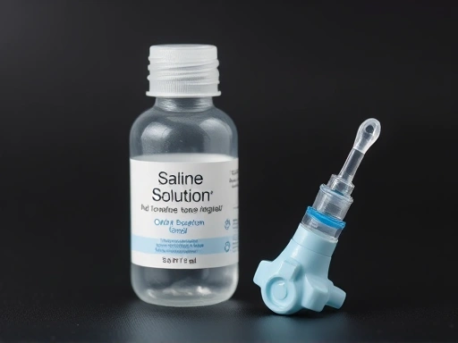 어두운 배경 위에서 멸균 생리식염수 병이 클로즈업되어 있고, 그 옆에는 실리콘 팁이 달린 구강 흡입식 아기 콧물 흡입기가 나란히 놓여 있는 정물 사진.