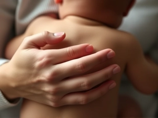 부드러운 조명 아래, 부모의 손이 아기의 등을 오목하게 모아 부드럽게 토닥이거나 쓸어 올리는 모습