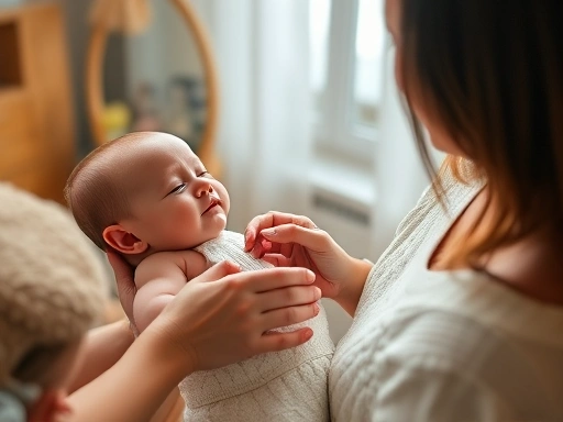 따뜻하고 아늑한 실내에서 엄마가 아기의 건조한 피부에 부드럽게 보습 로션을 발라주고 있는 모습