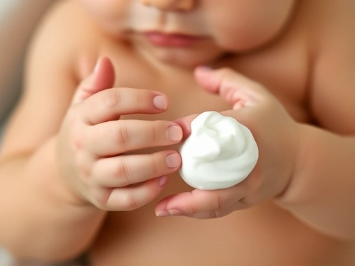 아기 목욕 후 보습 크림을 손에 덜어 촉촉하게 아기 피부에 도포하는 손과 아기 피부의 클로즈업, 아기 피부 건조 예방을 위한 보습제의 질감과 사용법 강조