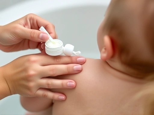 아기 목욕 후 부모가 부드럽게 보습제를 발라주고 있는 클로즈업 장면