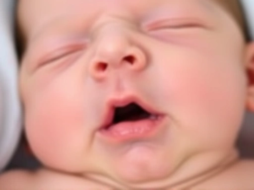 아기가 숨쉬기 힘들어하며 콧구멍을 벌렁거리고 흉부 함몰이 보이는 얼굴 클로즈업.