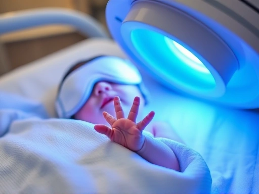 병원 침대에 누워 있는 신생아가 눈을 보호하는 안대를 착용한 채 광선 치료를 받고 있습니다.