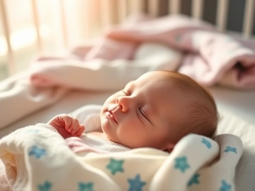 아기 침대에 누워 있는 신생아가 밝은 자연광 아래에서 평온하게 잠들어 있으며, 부드러운 햇살이 아기의 얼굴을 은은하게 비추고 있습니다.