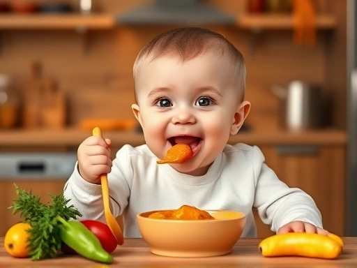 아기가 숟가락으로 이유식을 직접 먹는 행복한 모습