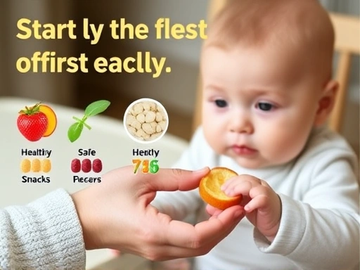 아기에게 처음으로 간식을 제공하는 순간을 포착한 이미지