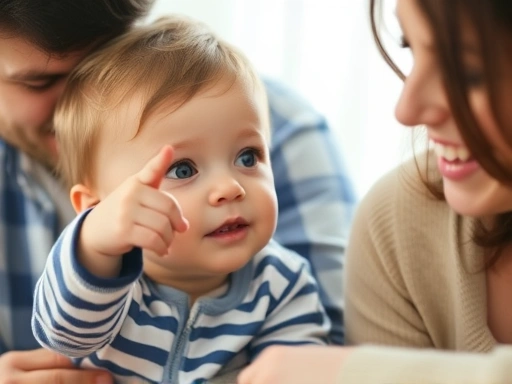 어린 아이가 부모와 함께 놀면서도 자신의 의견을 표현하려는 듯 손가락으로 무언가를 가리키는 클로즈업.