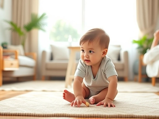 아이가 안정적으로 앉고, 기어 다니며, 주변 사물을 잡고 일어서려는 모습