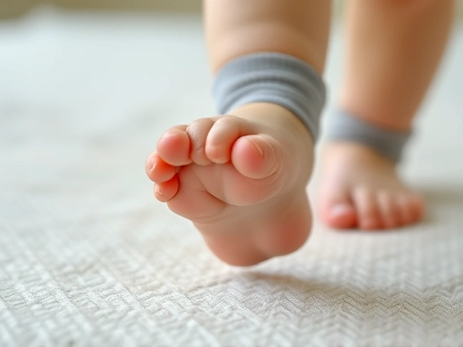 아기가 맨발로 부드러운 매트 위에서 한 발 한 발 조심스럽게 내딛는 모습